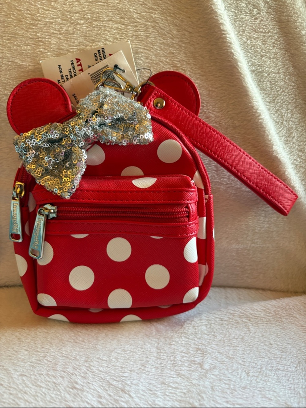 Disney Loungefly Red Polka Dot Wristlet Bag with Sequin Bow